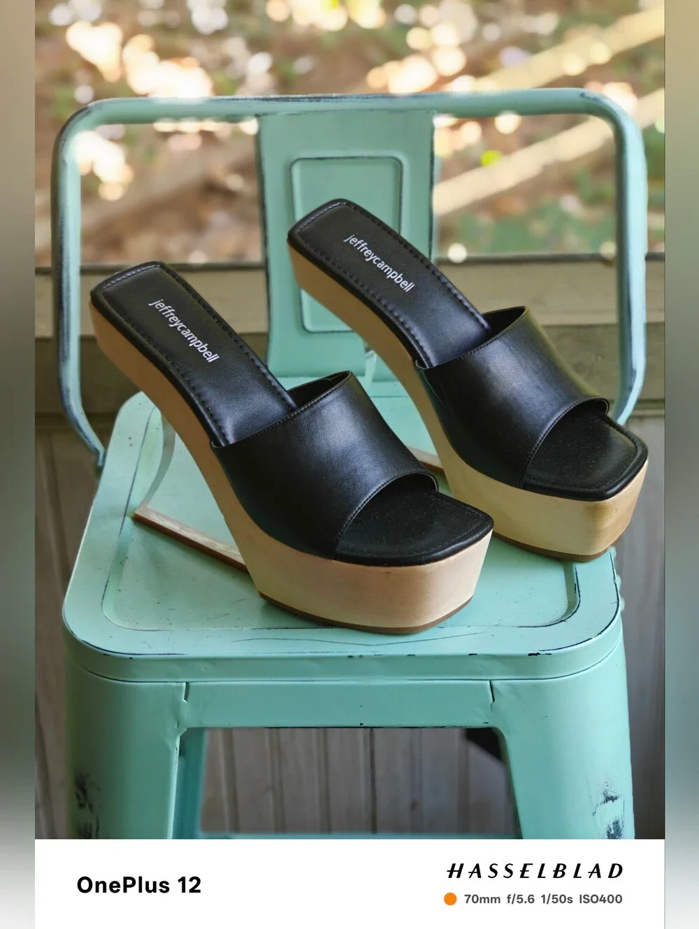 Jeffrey Campbell Black Leather Platform Slides with Natural Wood-Tone Sole